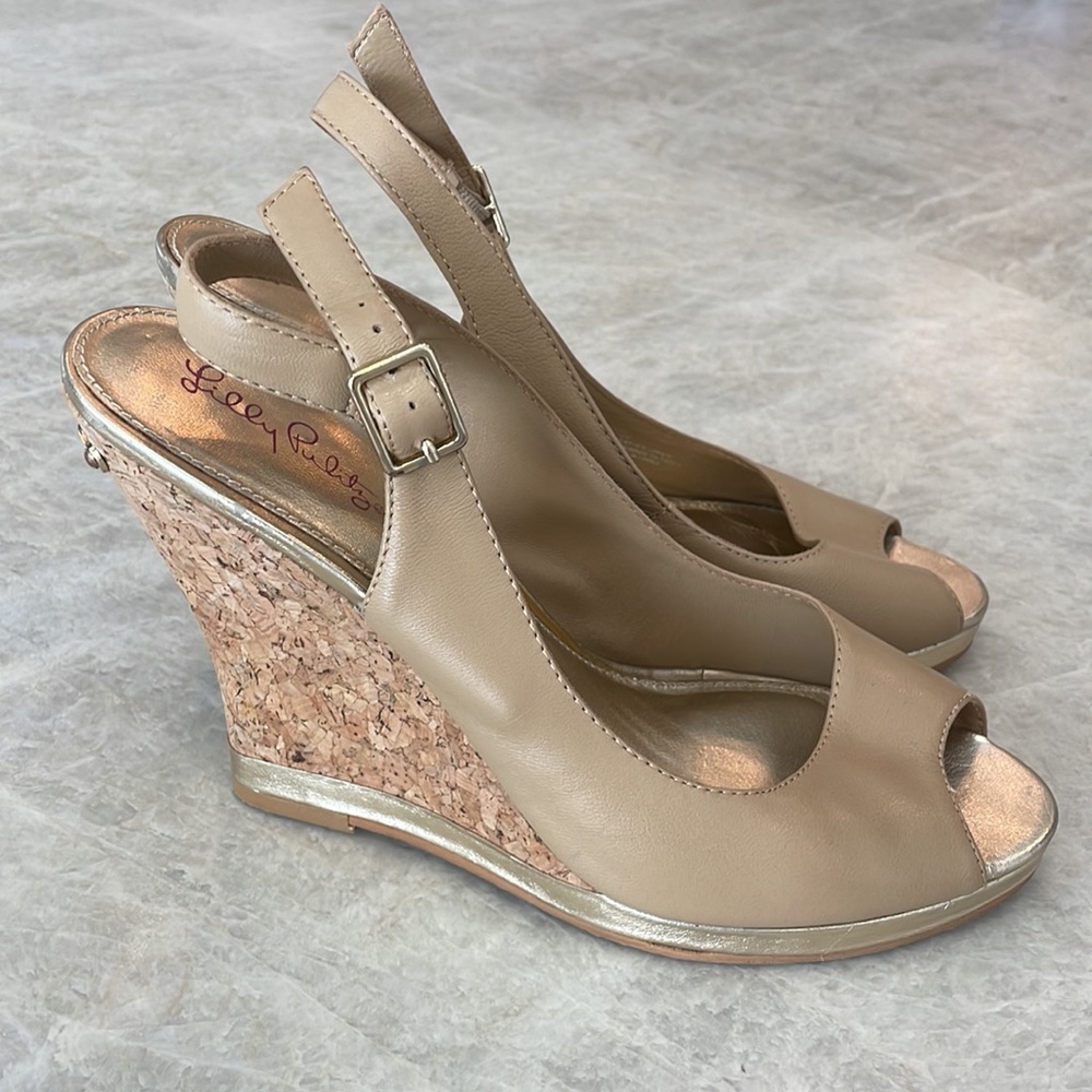 Lilly Pulitzer slingback nude leather cork wedge size 10